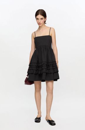 Ganni Black Mini Frill Dress - Size 34 Organic Cotton