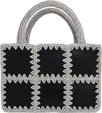 Generic Handmade Crochet Tote Bag with Faux Leather Squares |Black&Grey Patchwork Handbag|Unique Gift for Women|Crochet Purse