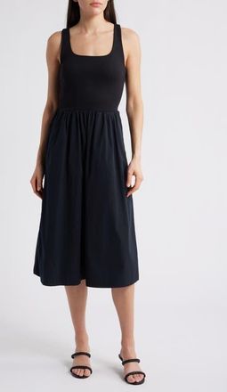 Spanx SPANXsmooth Jersey Mixed Media Midi Dress in Classic Black at Nordstrom, Size Large