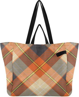 Generic Orange Plaid print Reusable Canvas Tote Bag, Heavy Duty Grocery Shopping Bag with Hard Bottom Double Handles Large Capacity Work Groceries Travel