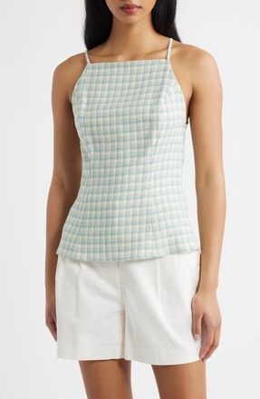 Reformation Finley Sleeveless Linen Top in Zephyr Check at Nordstrom, Size 10