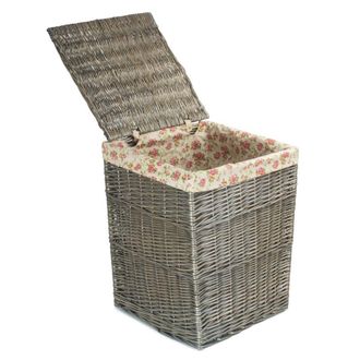 Red Hamper Cotton Lined Wicker Square Laundry Basket in Grey