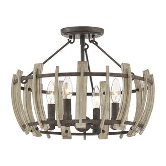 Loops 4 Bulb Semi Flush Light Black Frame Faux Wood Slat Effect Rustic LED E14 60W