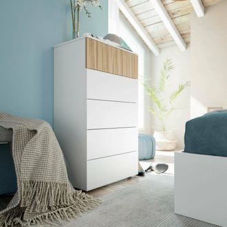 Dmora Cajonera Dorig, Cajonera Con 5 Cajones, Tocador Para Dormitorio, C&oacute;moda Moderna, 61x40h109 Cm, Blanco Y Roble - Dmora