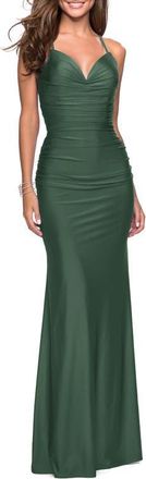 La Femme Form Fitting Jersey Dress with Ruching and Strappy Back in Emerald at Nordstrom, Size 00