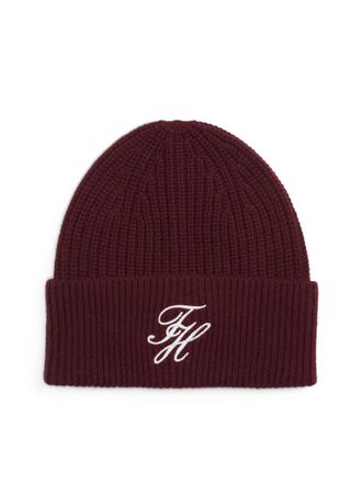 Tommy Hilfiger Beanie TOMMY HILFIGER TOMMY SCRIPT CASHMERE, Damen, marzemino, Strick, Wollmischung, M&uuml;tzen Beanie, aus Kaschmirmix mit gesticktem Logo, Masse 21 x 24