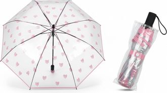 Generic Fully Automatic Transparent Umbrella - Pink Heart Pattern, 100cm Windproof Folding Brolly, Auto Open/Close, Compact Travel Size (375g)