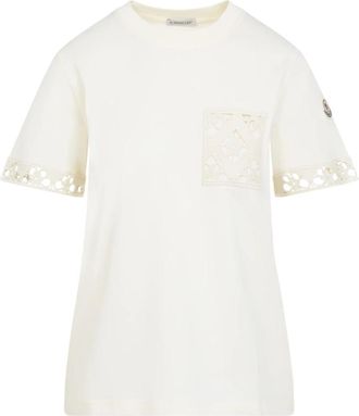 Moncler Natural White Cotton T-shirt met korte mouwen - Dames - T-shirts - Beige - M - Katoen - Tops