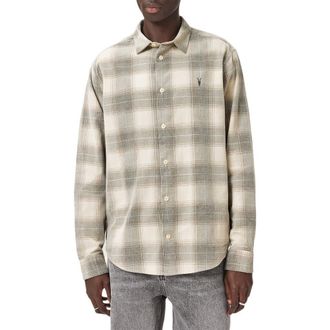 AllSaints Yuki Plaid Cotton Flannel Button-Up Shirt in Sandshell Taupe at Nordstrom Rack, Size Xx-Large