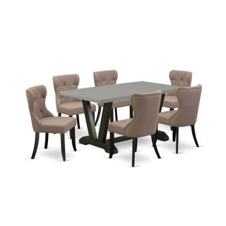 East West Furniture 7-Piece Kitchen Dining Room Set- 6 Kitchen Chairs with Coffee Linen Fabric Seat and Button Tufted Chair Back