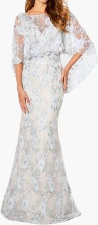 Montage by Mon Cheri Cape Sleeve Embroidered Dress In Silver/nude