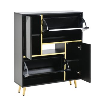 STILVORA Mueble Zapatero Con 2 Puertas Y Baldas Regulables, Led 16 Colores, Frente Brillante, Negro, En Tablero De Part&iacute;culas, 80&times;25&times;96 Cm
