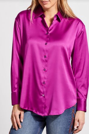 Tribal Satin Button Down Long Sleeve Top In Magenta