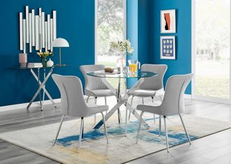 Furniturebox Novara Round Glass Dining Table & 4 Nora Silver Leg Chairs in Light Grey