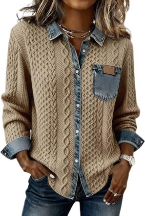 Generic Patchwork Denim Pullover Vintage Knitted Cardigans Tops for Women (Khaki M)