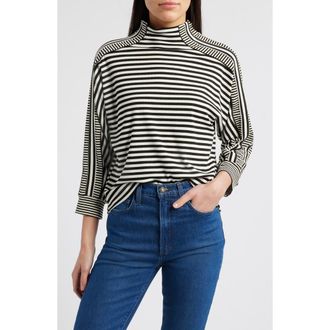 Wit & Wisdom Stripe Mock Neck Rib Top in Black/Off White at Nordstrom, Size X-Large