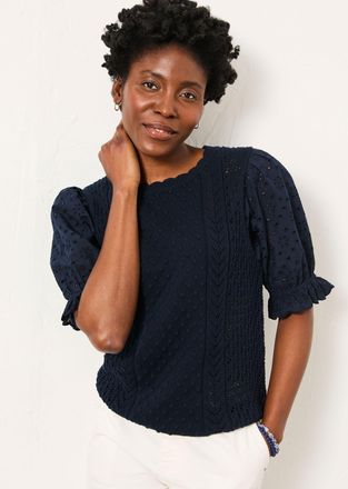 Fat Face FatFace Joanie Navy Knitted and Woven Top