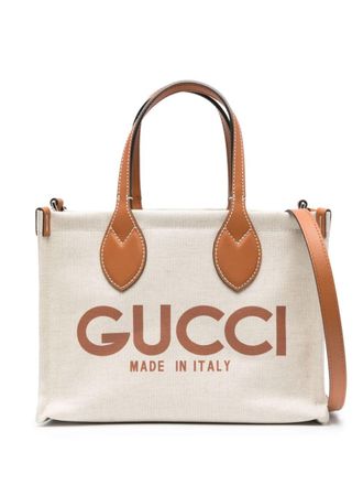 Gucci mini logo-print tote bag - women - Cotton/Leather - One Size - Neutrals