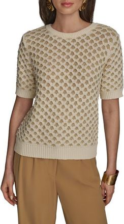 DKNY Honeycomb Short Sleeve Open Stitch Sweater in Gold/Cream at Nordstrom, Size X-Small