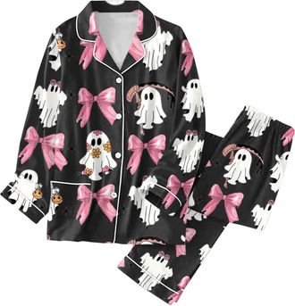 Generic Halloween Pjs Womens Spider Web Long Sleeve Sleepwear Button Down Pyjamas Ladies Skeleton Cosy Bottoms Loungewear with Pockets Set Skull Pajamas Long 