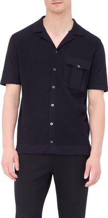 Bugatchi Camp Collar Short Sleeve Cotton & Silk Shirt Sweater in Black at Nordstrom, Size X-Large
