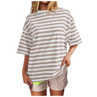 Generic Women Short Sleeve Tops Oversized Crewneck Striped Print T Shirts Casual Loose Pullover Ladies Summer Tunic Tops Blouse Casual 2024 Trendy Cute Girls 