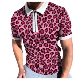 Generic Men Spring Summer Fashion Shirt Short Sleeve Zipper Lapel Leopard Print Shirt Casual Loose T-Shirt Top Mens Size Medium Shirts Pink