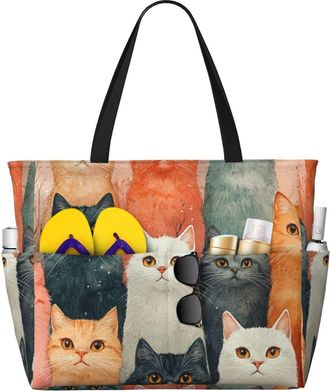 Generic Cute Cat Print Large Beach Bag Foldable Travel Shoulder Tote Bag With Pocket For Weekender Pool Vacation