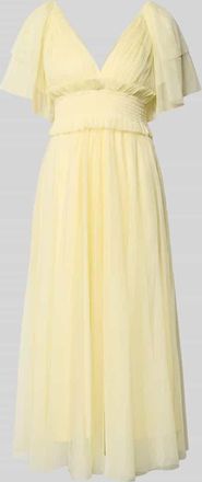 Lace & Beads Midikleid mit Smok-Details und V-Ausschnitt in Hellgelb, Gr&ouml;&szlig;e XXL