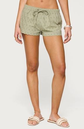 Edikted Talula Cotton Eyelet Tie Waist Shorts in Olive at Nordstrom, Size X-Small