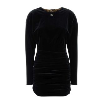 Dolce & Gabbana Party Dresses, female, Black, Size: 2XS Short draped velvet dress with DG logo