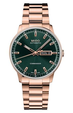 Mido Commander Datoday Automatic Rose Gold Tone Bracelet Watch, 40mm in Green at Nordstrom