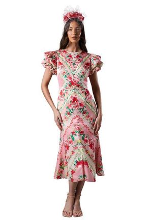 Coast Lisa Printed Ruffle Hem Midi Dress in Pink at Nordstrom, Size 6