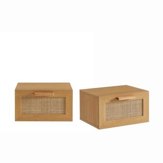 DRAWER Conjunto 2 mesas de noche de pared madera y trenzado - Madera clara