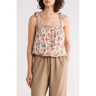 Max Studio Tie Shoulder Bubble Hem Top in Cream/Red Floral Muse at Nordstrom Rack, Size X-Large