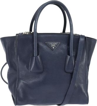Prada Cuir Convertible Shopping Tote Leather Navy Leather Handbag (Pre-Owned)
