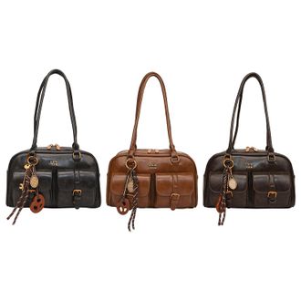 Generic Retro Top Handle Bag with Multiple Pockets PU Leather Handbag for Commute Travel (Khaki)