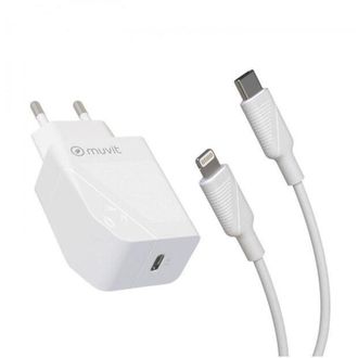 Muvit For Change Pack Cargador De Pared Tipo C Pd 20w + Cable Tipo C A Lightning Mfi 3a 1m Blanco