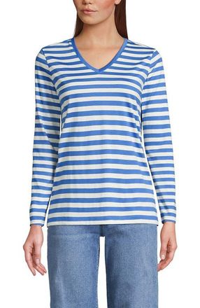 Lands End Supima Cotton Long Sleeve V-Neck T-Shirt in Muted Cobalt Even Stripe at Nordstrom, Size X-Large