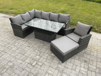 Fimous Wicker PE Outdoor Rattan Garden Furniture Set Height Adjustable Rising Lifting Table Sofa Dining Set with Big Footstool Armchair
