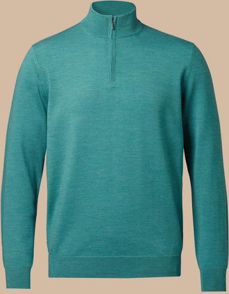 CHARLES TYRWHITT Merino Zip Neck Wool Jumper - Teal Size Medium by Charles Tyrwhitt