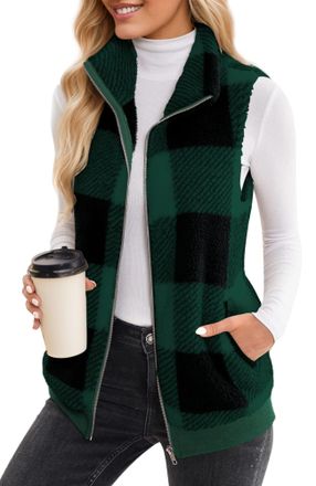 Feoya Womens Fleece Waistcoat Ladies Sleeveless Gilets Double Fleece Tops Warm Waistcoat Winter Wool Gilet Classic Gilet Green 3XL