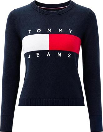 Tommy Jeans Intarsia Flag Logo Trui - Dames - Ronde hals truien - Blauw - M - Katoen - Truien & Vesten