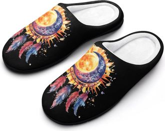 Generic Moon And Sun Dreamcatchers Feathers Mens House Slippers Memory Foam Washable Cotton Slip on Home Shoes