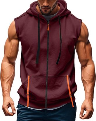 Generic Mens Sleeveless Hoodie Zip Up Sweatshirt Tank Top Hooded, Drawstring Stretch Basketball Vest Breathable Sports Pullover with Front Pocket Summer Sweat