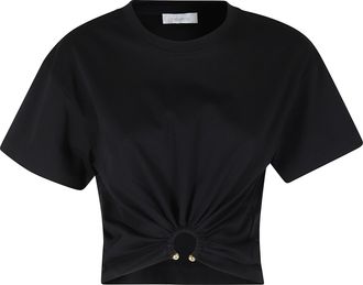 Paco Rabanne Black Decorative Ring Ruched-Ring Cotton T-Shirt
