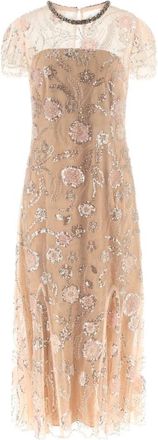 Self Portrait Bloem Pailletten Versierde Midi Tule Jurk - Dames - Feestkleedjes - Roze - 2XS - Tule - Kleedjes