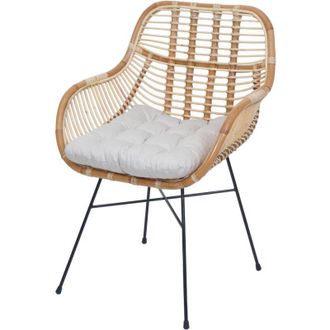 Hhg [NON UTILIZZATO] Sedia da pranzo HHG-342, da cucina in vimini poltrona in rattan, Kubu rattan metallo, cuscino avorio