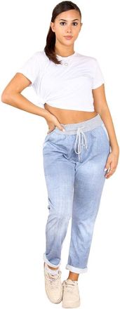 Generic Womens Italian Multi Floral Printed Turn Up Trouser - Ladies Plain Elasticated Waistband Causal Summer Drawstring Bottom Pantss (Light Denim, 10-14)