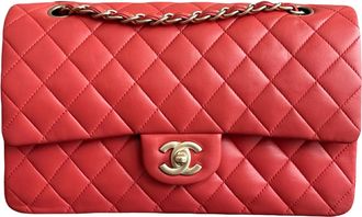 Chanel Red Lambskin Medium Double Flap Bag with Brushed Gold Hardware